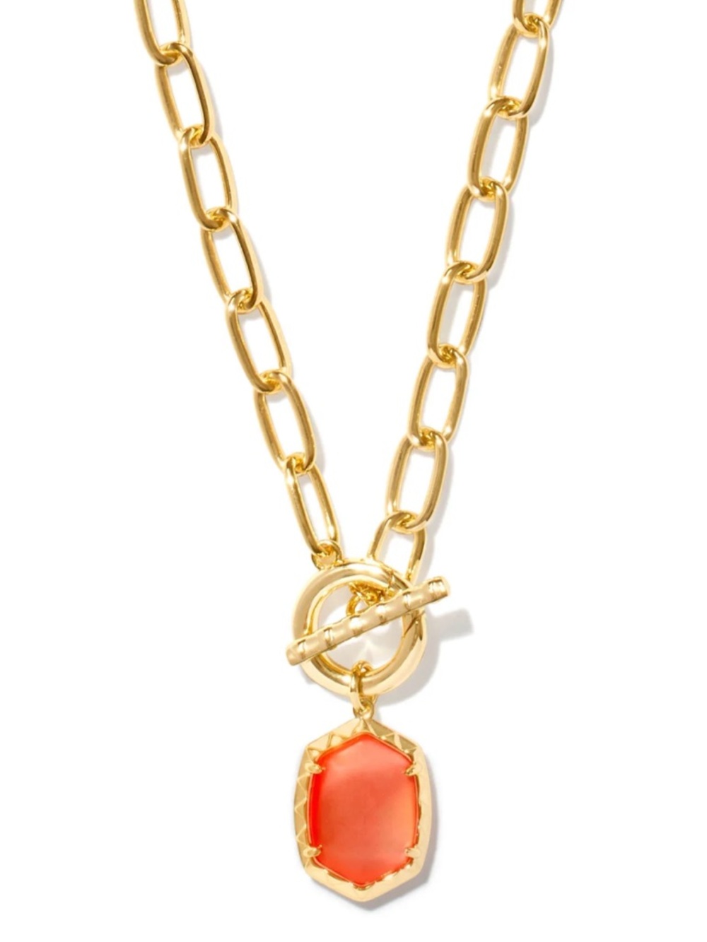 Daphne Convertible Gold Link and Chain Necklace in coral pink mother of pearl